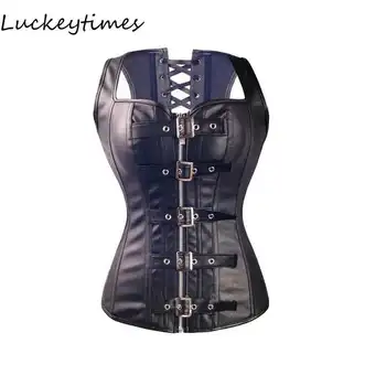 

Overbust Corset Black Faux Leather Buckle Gothic Lingerie Women Corset Top Steampunk Women Bustier Cincher Corselet Plus Size