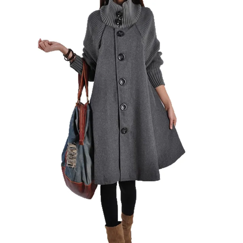 

2019 New Autumn Winter Wool Coat Women Patchwork Knit Long Sleeve Single Breasted Medium-long Loose Cloak Outercoat Woolen Coats