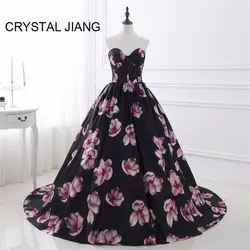 Кристалл Цзян 2019 Vestido fiesta Милая Линия натуральный талии с цветочным принтом Атлас развертки Поезд Формальные платье для выпускного вече