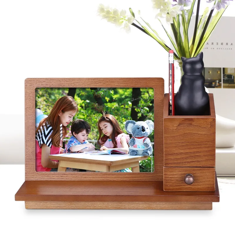 

Wooden photo frame creative European retro style photo frame wedding photo frame with pen holder