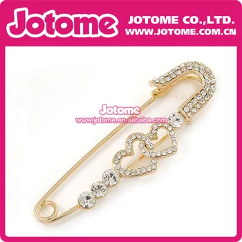 

Gold Plated Clear Crystal Double Heart Safety Pin Brooch - 7cm L
