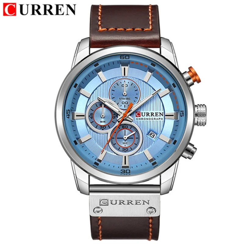 Новые часы для мужчин, люксовый бренд CURREN, хронограф, мужские спортивные часы, высокое качество, кожаный ремешок, кварцевые наручные часы, Relogio Masculin - Цвет: Brown Blue White