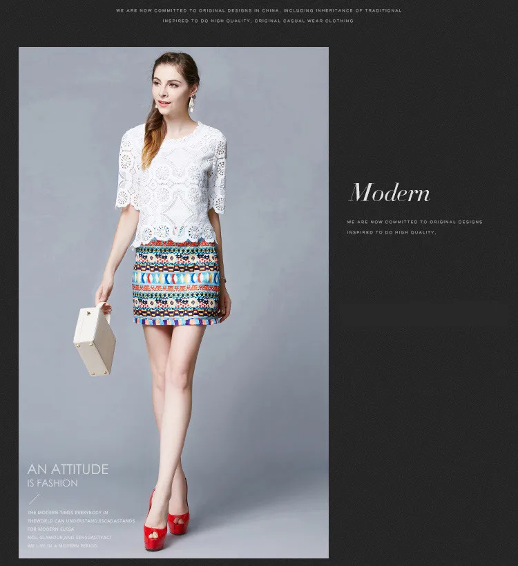 Water Soluble Flowers Lace Top Bohemian Mini Skirt Women Suits (12)