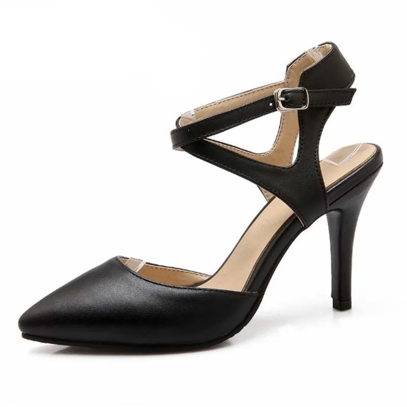 

Plus Size 32-43 Sexy Pointed Toe High Heels Shoes Woman Ankle Strap Less Platform Sandals Black Beige Colors Summer New Style