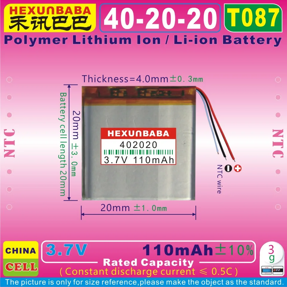 10 шт. [T087] 3,7 в 110 мАч [402020] NTC, полимерный литий-ионный/литий-ионный аккумулятор для gps, динамик, Bluetooth наушники, MP3, MP4