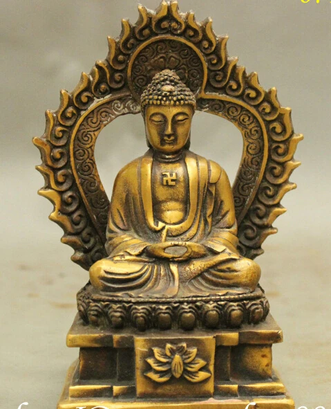 

6" Tibet Buddhist Bronze Shakyamuni Tathagata Buddha Flammule Lotus Base Statue