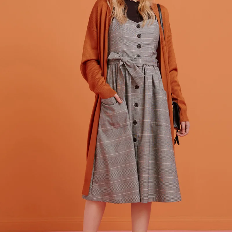  Metersbonwe 2019 Autumn Winter Women Casual Sleeveless Pocket Retro Dress Female Vintage OL Dress L