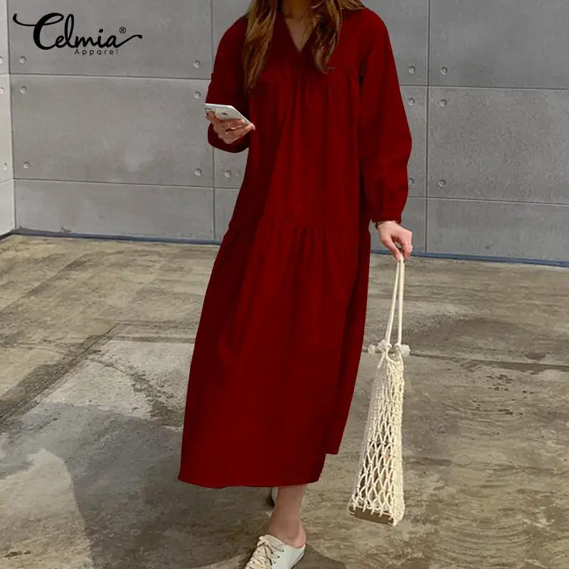 

Fashion Casual Long Sleeve Solid Ruffles Dress Celmia 2019 Autumn Loose Sexy V-Neck Pleated Party Maxi Dress Ladies Robe Vestido