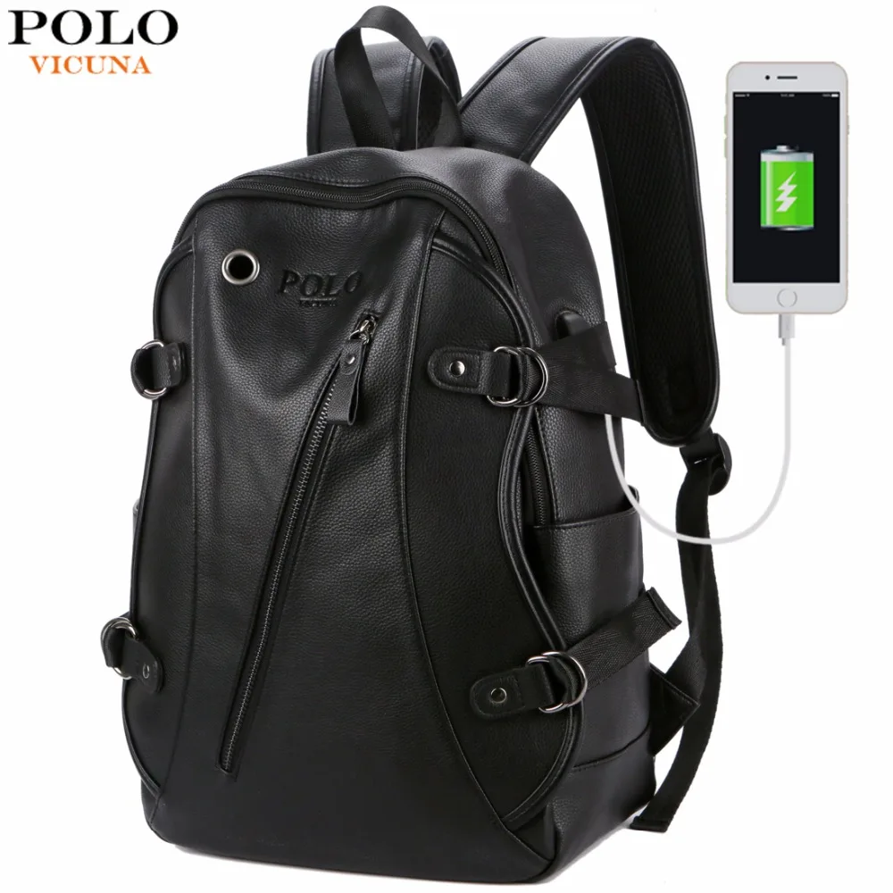 Comprar Vicuña POLO hombre cuero Casual marca USB interfaz mochila bolsa con agujero para auriculares para hombre mochila de viaje escolar mochila para ordenador portátil