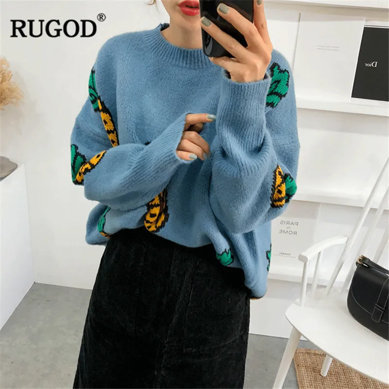 RUGOD جديد أزياء النساء سترة الأناناس الصلبة س الرقبة محبوك الملابس الشتوية عارضة النساء البلوفرات سحب فام hiver