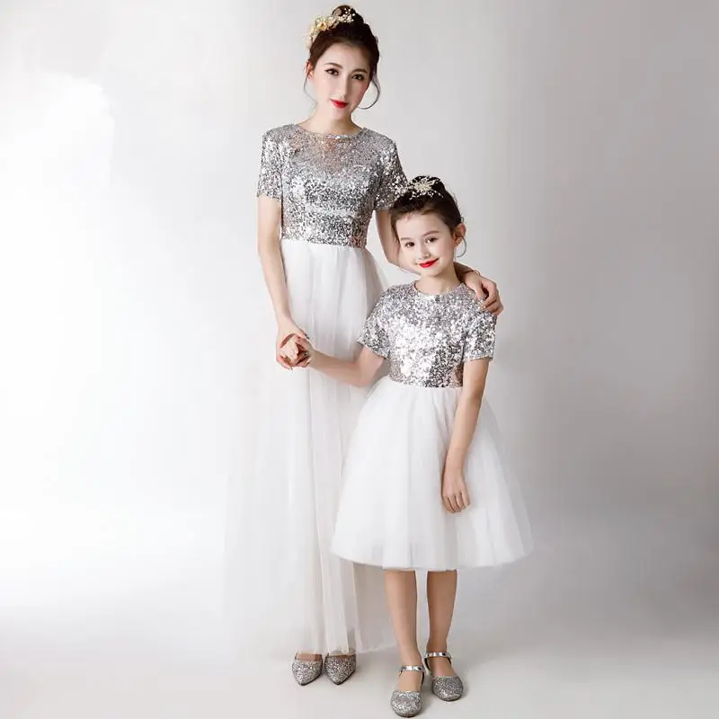 

Mother Daughter Sequin Dress Flower Girls Evening Ball Gown Mom and Me Wedding Dress Family Matching Outfits Vestidos PB154