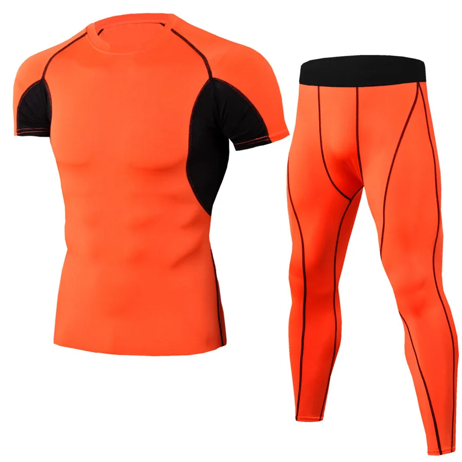 Мужской спортивный комплект для бега, компрессионная футболка с короткими рукавами+ штаны, облегающие быстросохнущие баскетбольные спортивные штаны, костюмы для фитнеса - Цвет: TK80