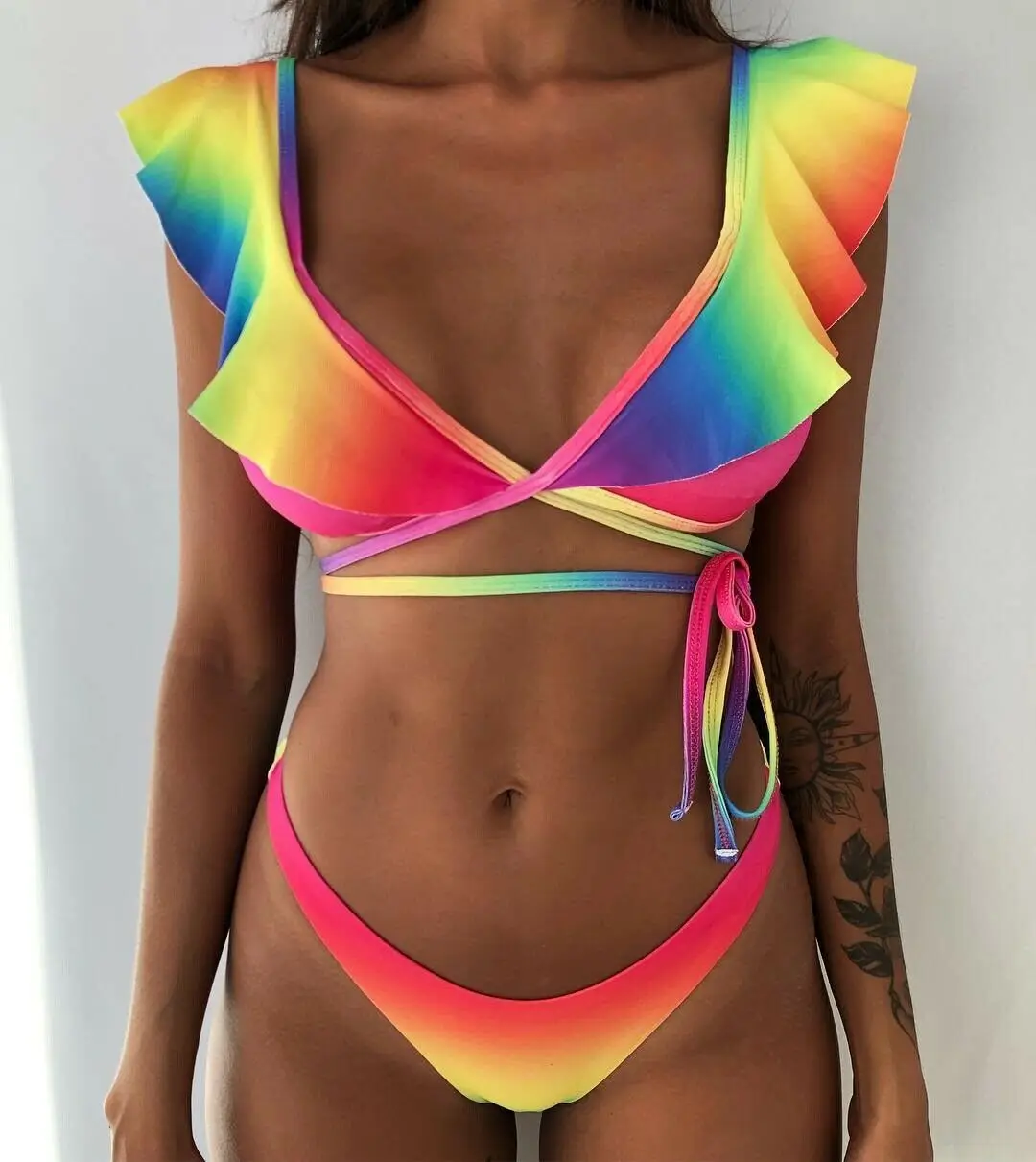 

2019 Summer Female Beachwear Gradient Rainbow Printed Bathing Suit Ruffles Swimsuit Push Up Bikini Set Sexy Bandage Swimwear