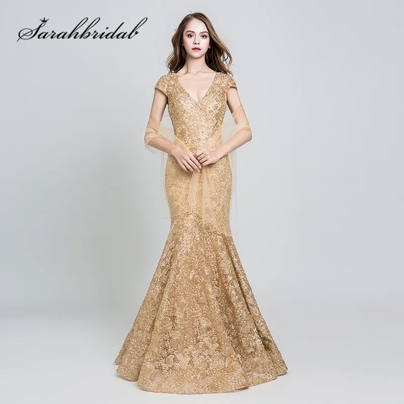

Elegant Evening Dresses Long Gold Lace Embroidery Sexy V Neck Backless Short Sleeves Mermaid Mother of the Bride Formal Gowns