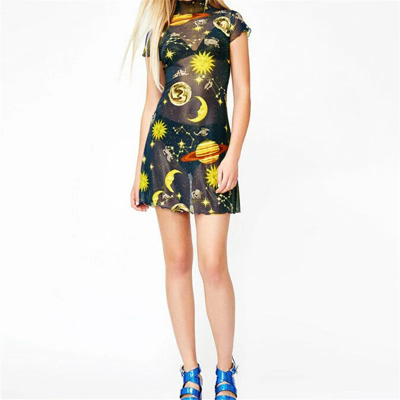 

Sexy Summer Women Turtleneck Mesh Sheer Moon Star Sun Print A-line Mini Dress Female See-through Blue Short 2019 Short Vestidos