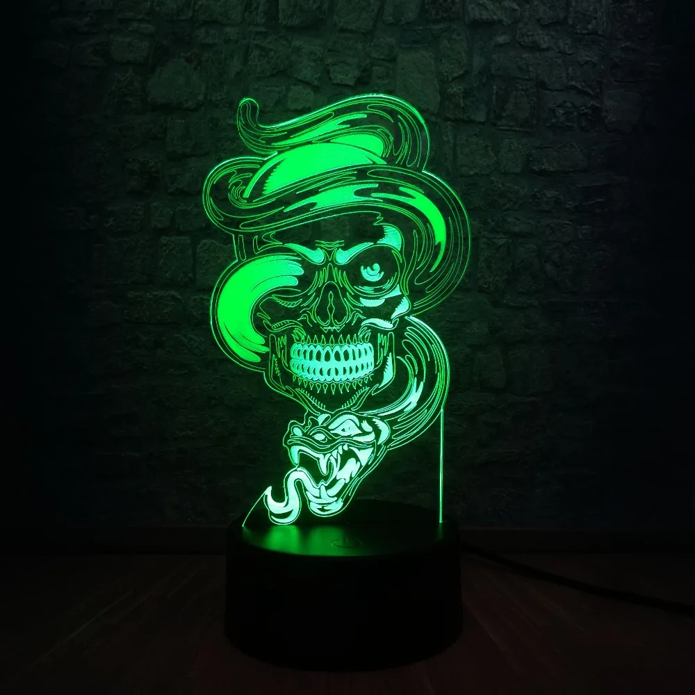 Свирепый Змеиный обернутый Череп 3D светодиодный USB лампа в стиле рок 7 цветов меняющийся вспышка атмосфера ночной Светильник настольный декор Лава