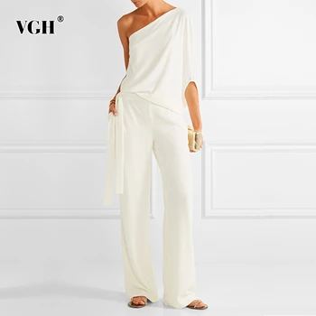 

VGH Summer Suit For Women Off Shoulder Half Sleeve Tops High Waist Bandage Loose Wide Leg Pants Set Female Fashion New Korean