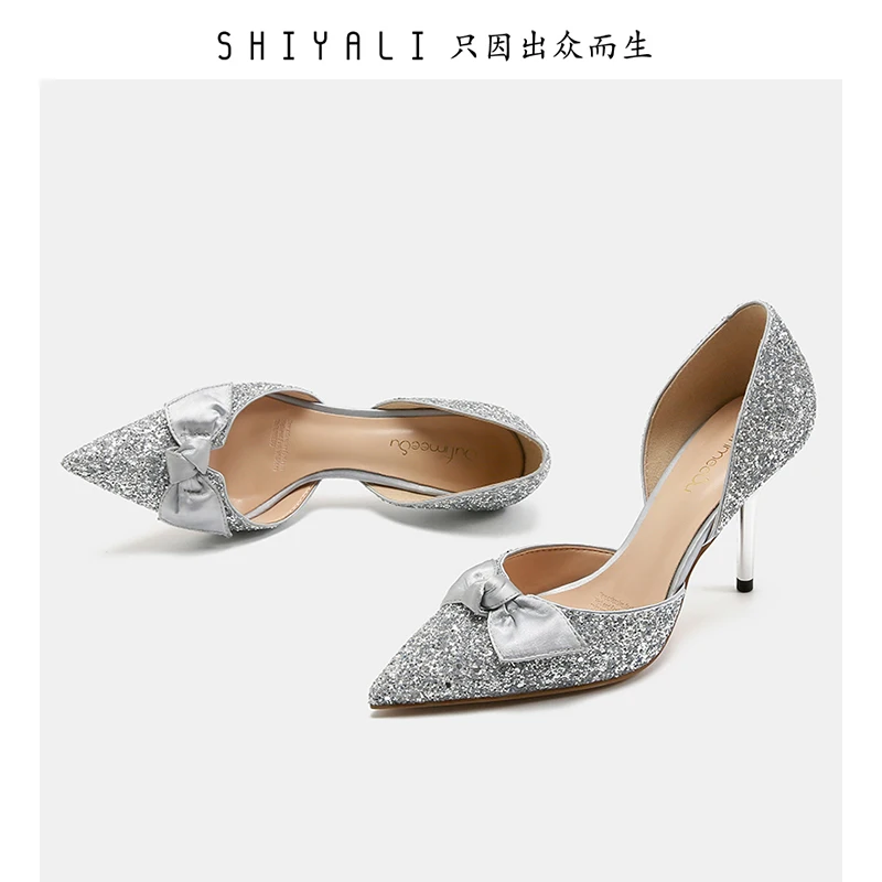 

Sexy Sandals new sequined high heels female fine 8cm pointy bow hollow silver Wedding Shoes graceful lady pumps Leisure occasion