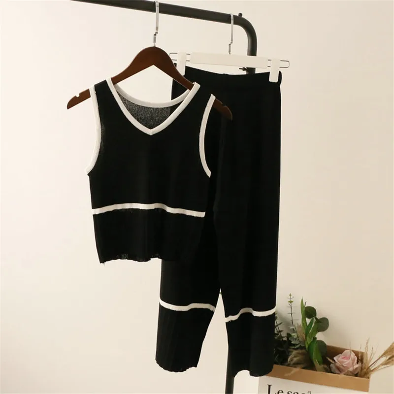 2018 Fashion Wide-Leg Trousers Pleated Suits Women Knitted Tank Tops Pants Clothing Set Casual Patchwork Color Suits Women's Sets