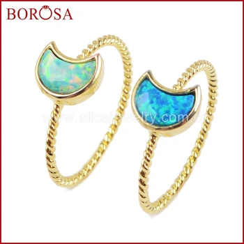 

BOROSA 10PCS Stylish Gold Bezel Crescent Japanese Opal Rings Moon White/Blue Opal Ring Gems Mix Colors Rings for Women ZG0237