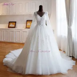 Новое дизайнерское ТРАПЕЦИЕВИДНОЕ кружевное Тюлевое свадебное платье с v-образным вырезом и расклешенными рукавами, украшенное бусинами и