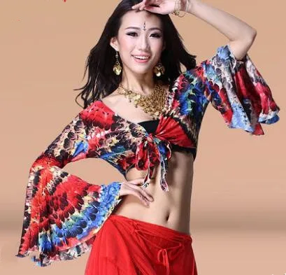 Красочные женские с длинным рукавом обернуть галстук топ блуза чоли Цыганский танец живота