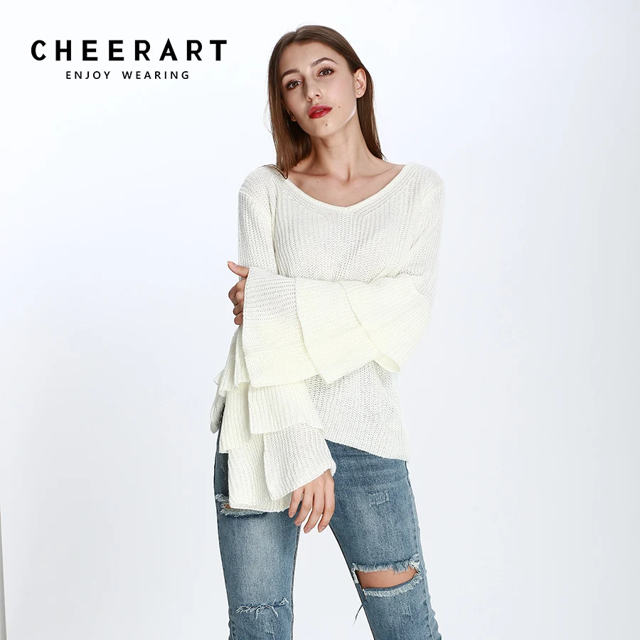 Cheerart V Neck Knitted Sweater Women Loose Pullover Layered Flare Sleeve Sweater White Autumn 