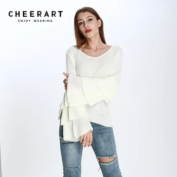 

Cheerart V Neck Knitted Sweater Women Loose Pullover Layered Flare Sleeve Sweater White Autumn Winter Pull Femme Street Fashion