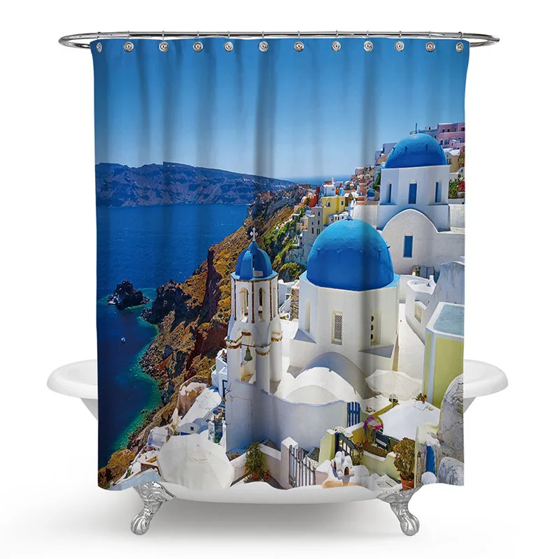 Polyester Shower Curtain 3D Painted Mediterranean Scenic Shower Curtain Bath Screens Scenery