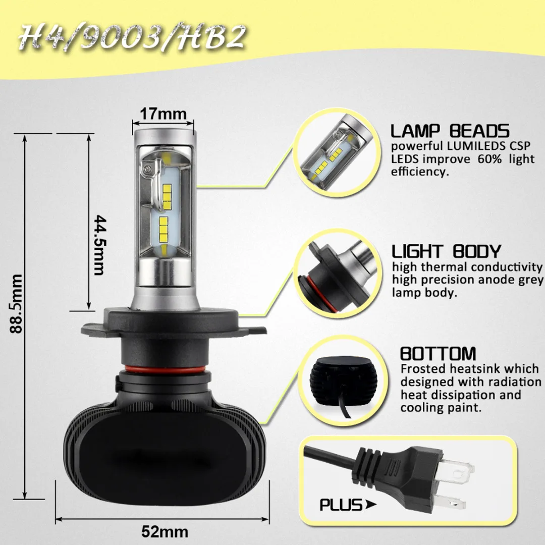 

2pcs S1 H4/HB2/9003 LED Car Headlight Lamp Bulbs 8000LM 6500K White h4 LED Headlight