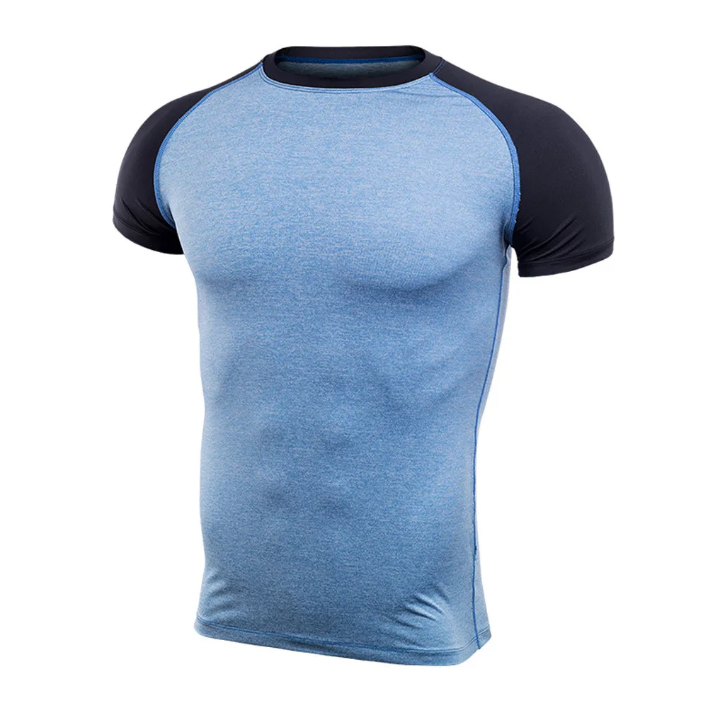 Chamsgend Спортивная футболка для бега фитнеса мужская с коротким рукавом дышащая летняя эластичная быстросохнущая футболка размера плюс футболка Топы - Цвет: Light Blue
