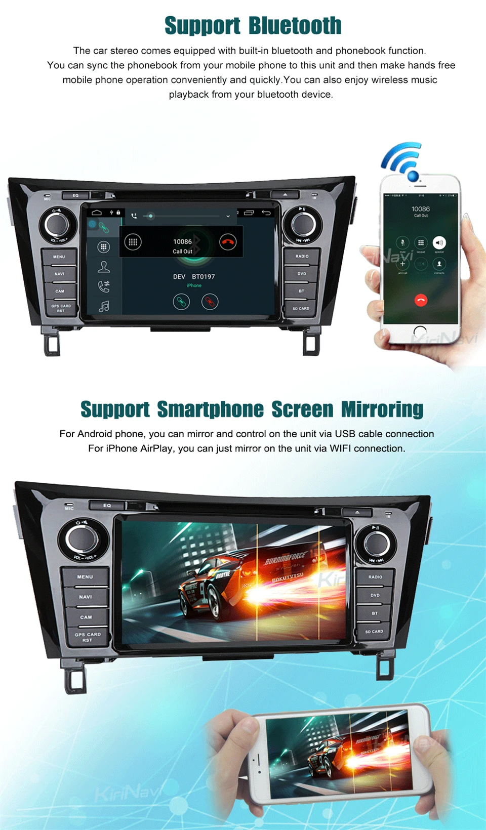 Best KiriNavi Octa core 4G LTE android 7 car gps navigation for Nissan Xtrail Qashqai radio mp3 2013 - 2017 support 4K Video 4G 6