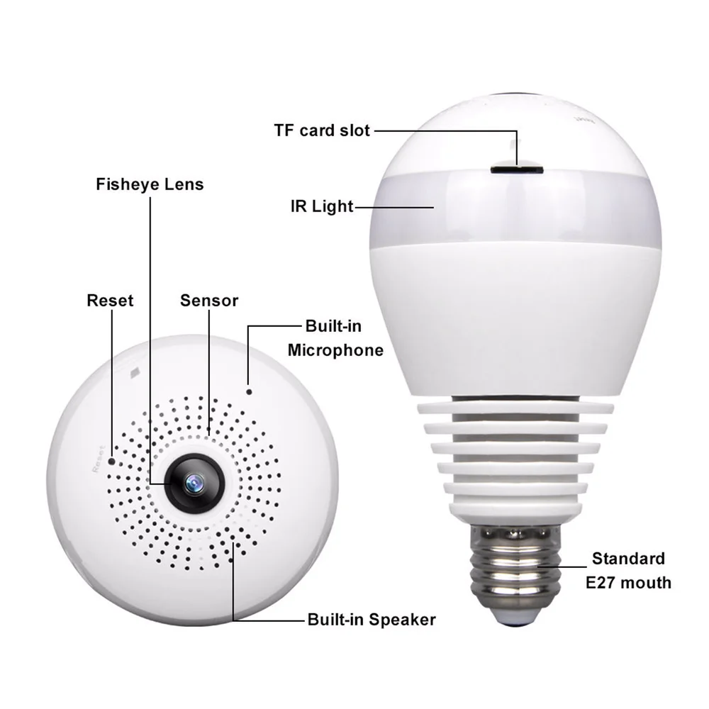  360 Degree Wireless WIFI IP Light Camera 1080P Bulb Lamp Panoramic FishEye Smart Home Monitor Alarm - 33011356762