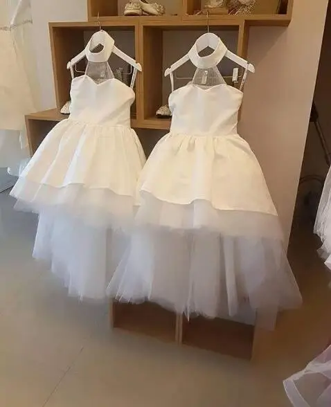 White/ivory halter soft tulle hi lo flower girl dresses pleated ruched satin toddler first communion gown for wedding and party