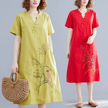 

2020 traditional embroidery floral cheongsam elegant half sleeve chinese women evening dress vintage orient cotton linen qipao