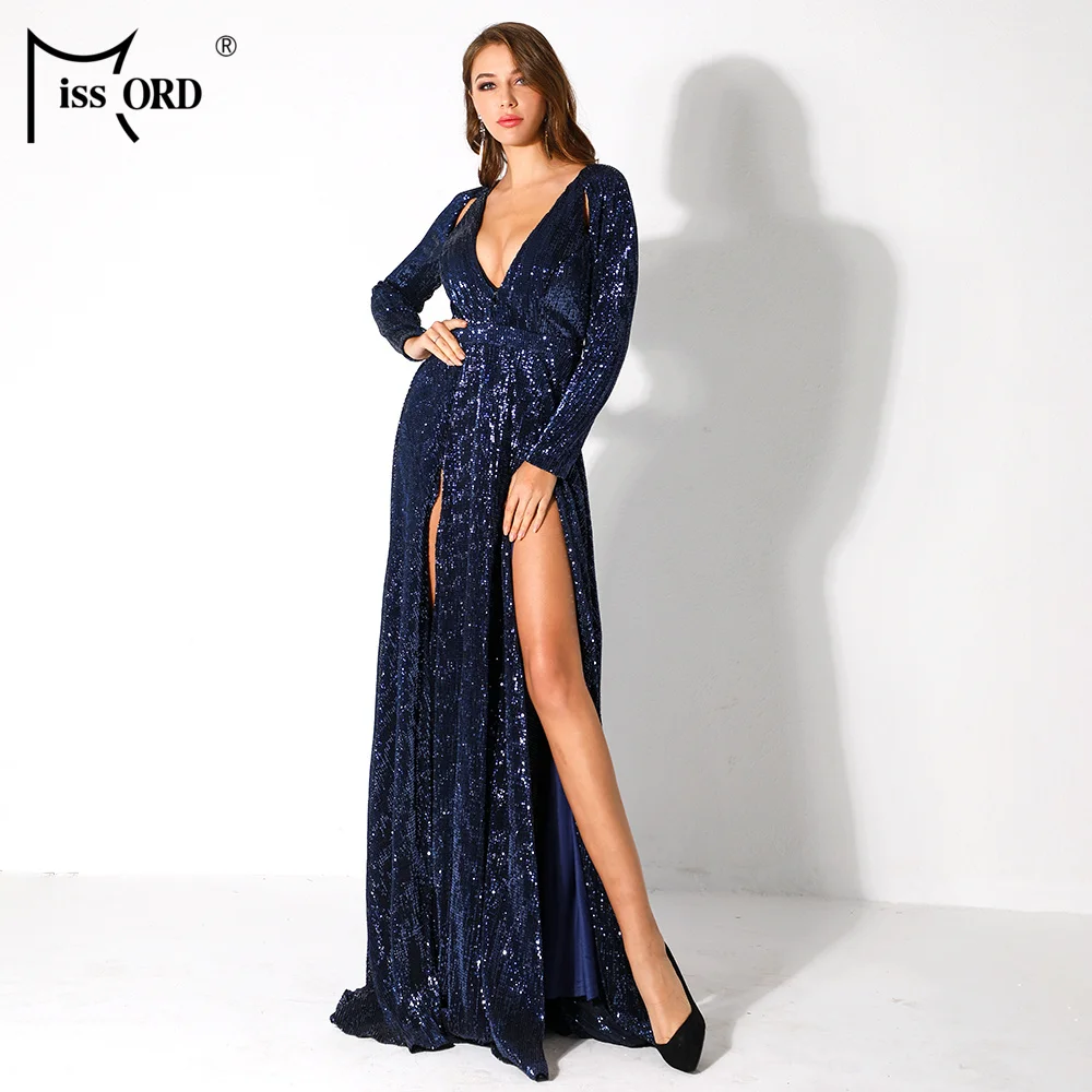 Missord Women Sexy Deep-V Long Sleeve High Split Dress Female Sequin Elegant Party Maxi Reflective Dress FT9707-3