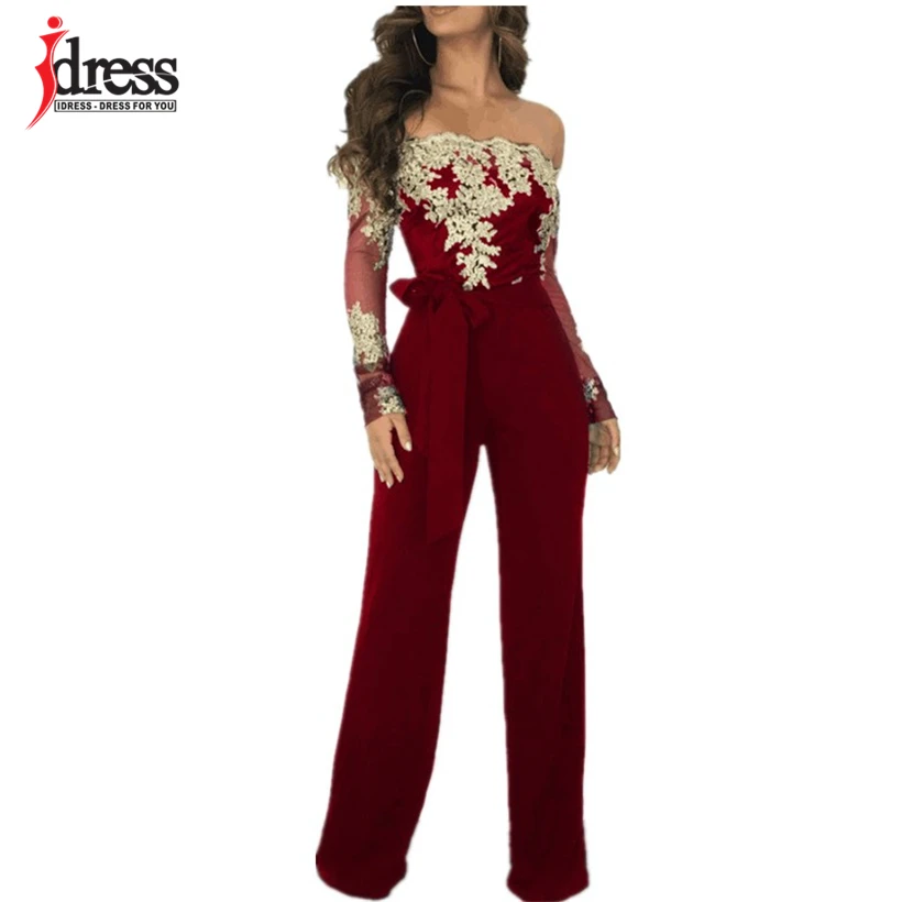 IDress 3XL сексуальный кружевной черный комбинезон с открытыми плечами женские летние элегантные широкие комбинезоны с открытой спиной длинный костюм пляжного типа - Цвет: Red Gold