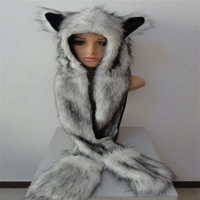LADIES ANIMAL PRINT FLUFFY SOFT LONG WINTER HAT SCARF WITH POCKETS NEW