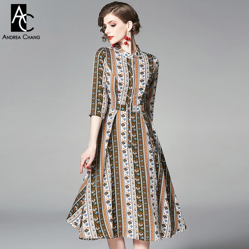 

S-3XL spring summer woman dress blue flower brown green white strip pattern print dress 3/4 sleeve calf length fashion dress