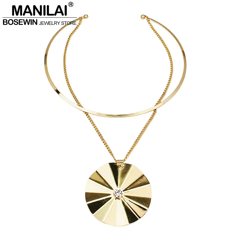 

MANILAI Women Torques Choker Necklace Fashion Circular Alloy Long Chain Statement Pendants Necklaces Jewelry Accessories
