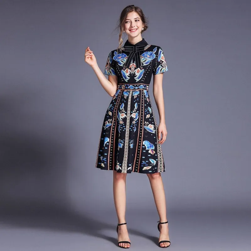 

New 2019 Summer Runway Designer Dress Women's Short Sleeve A-Line Diamonds Bow Vintage Printed flowers office Midi Dress