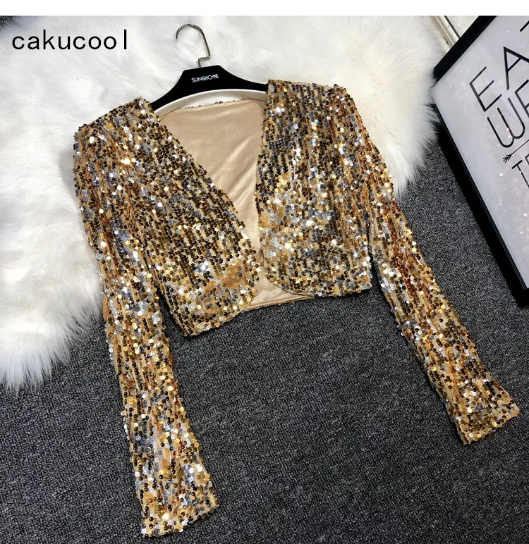 Женская Лоскутная куртка с блестками Cakucool блестящий укороченный топ
