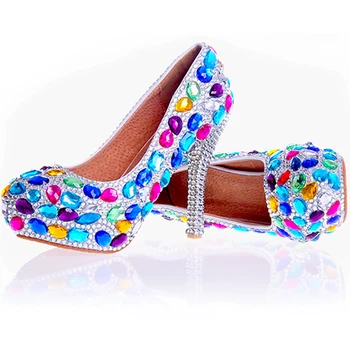 

Women Wedding Shoes Corlorful Crystal Bridal Pumps Sexy High Heels Genuine Leather Rhinestone Platform Party Shoes Big Size 43