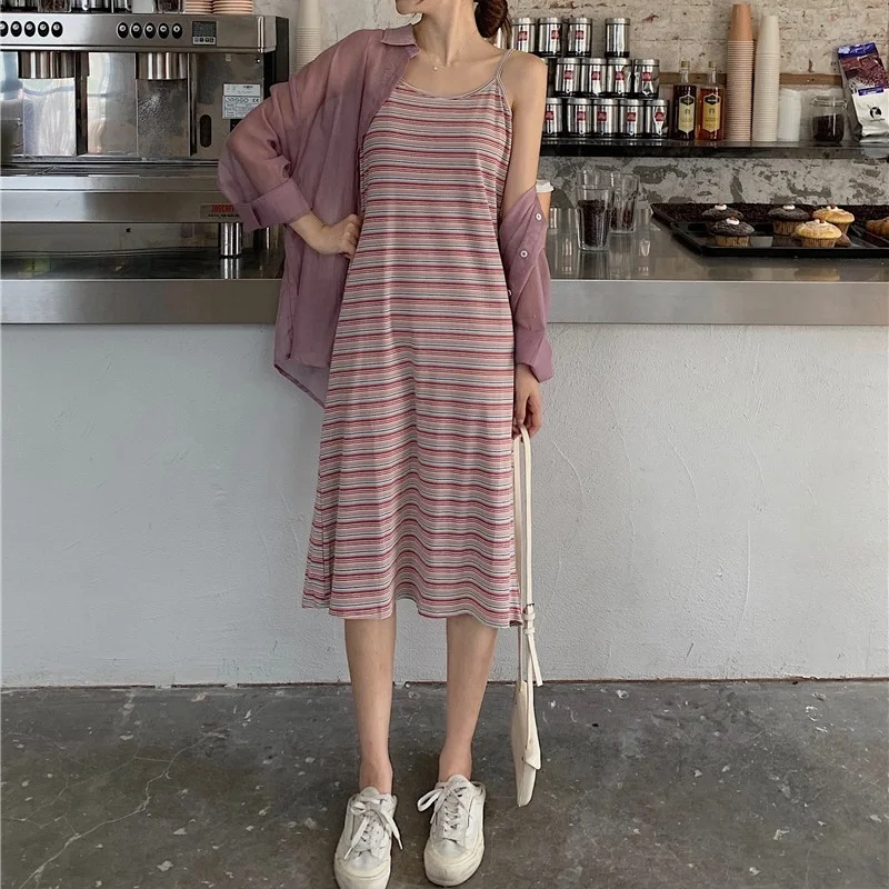 

Sexy Women Maxi Dress Striped Loose Sleeveless Sling Long Women Dresses Plus Size