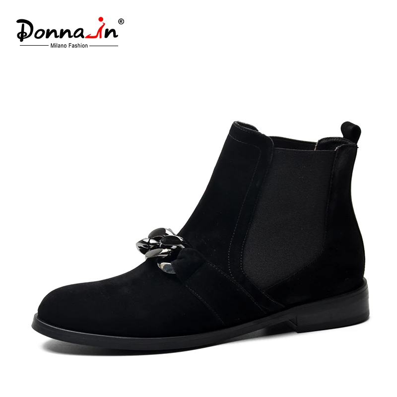 Donna-in Chelsea Booties Women Genuine Leather Ankle Boots Metal Chains Natural Suede Low Heels Boots Fashion Spring Ladies Shoe Women's Shoes