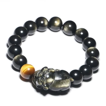 

JoursNeige Gold Black Natural Obsidian Stone Bracelets Round Bead Pig 2019 Zodiac Bracelets for Men Women Energy Stone Jewelry
