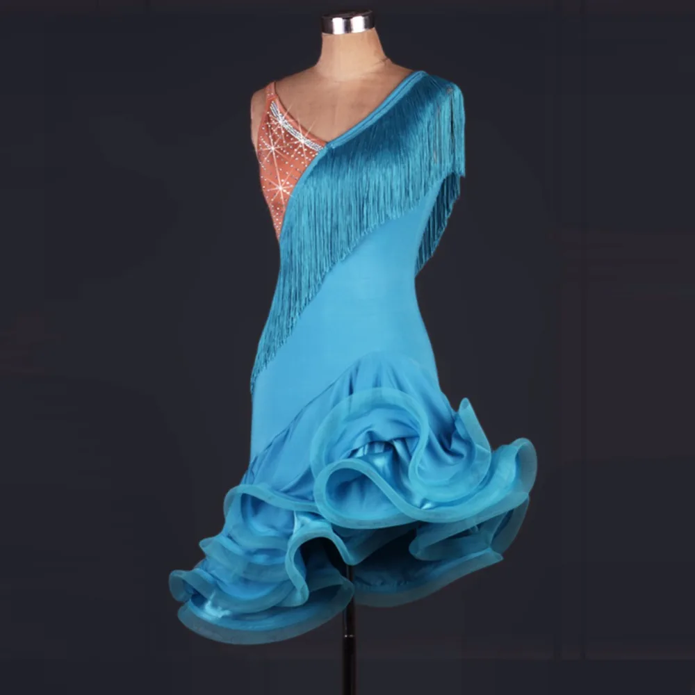 Новое Женское платье АТС для латинских танцев Голубое озеро красное с кисточками аксессуары Чача Румба Самба платье для фламенко