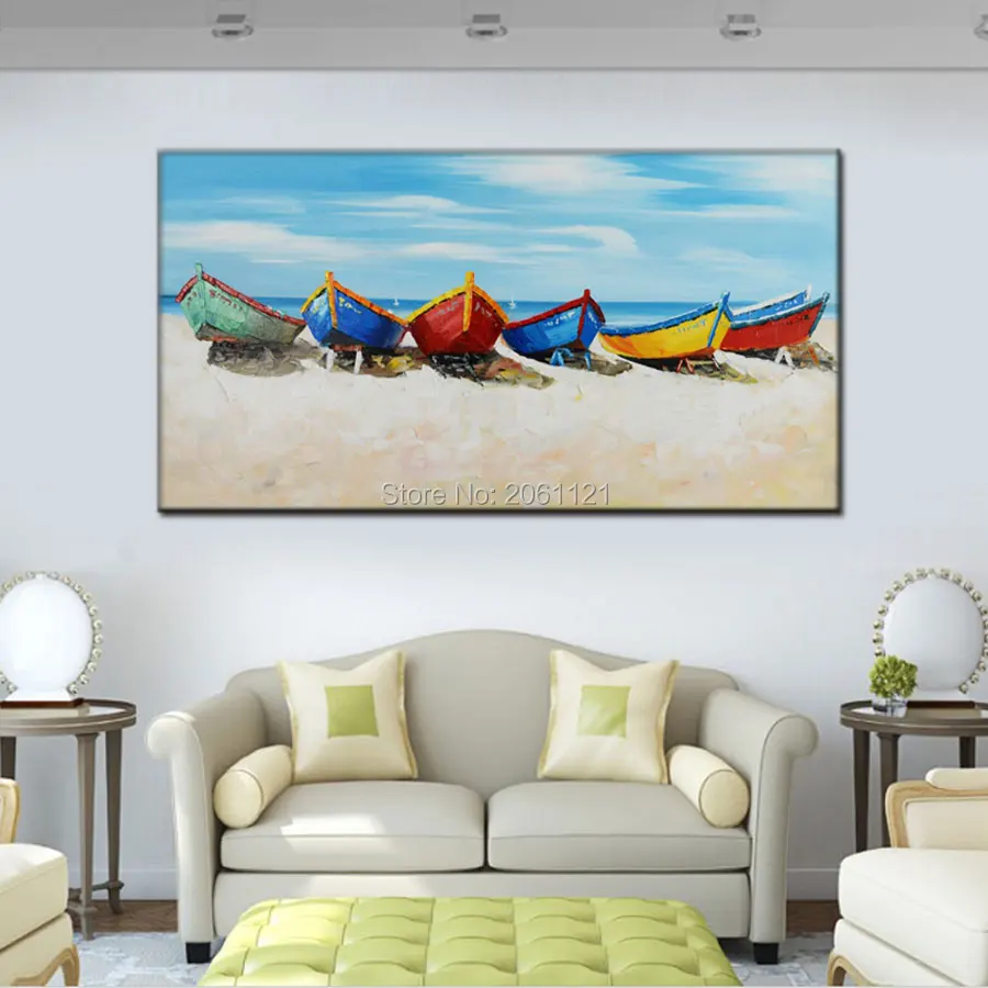 100% ručně malované plátno nástěnné umění moderní loď malba bílá modrá přímořská krajina olejomalba moderní domácí dekorace zeď obrázek