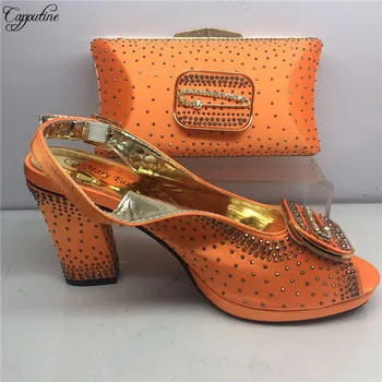 

Luxury orange high heel sandal shoes and evening bag set with rhinestones for wedding/party GY37, heel height 7cm