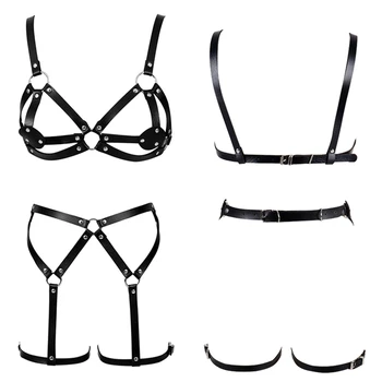 

Black Harness Bra Leather Set Punk Goth Rave Festival Garter Belt for Women Top Cage Lingerie Tassel Belt Plus Size Body Bondage